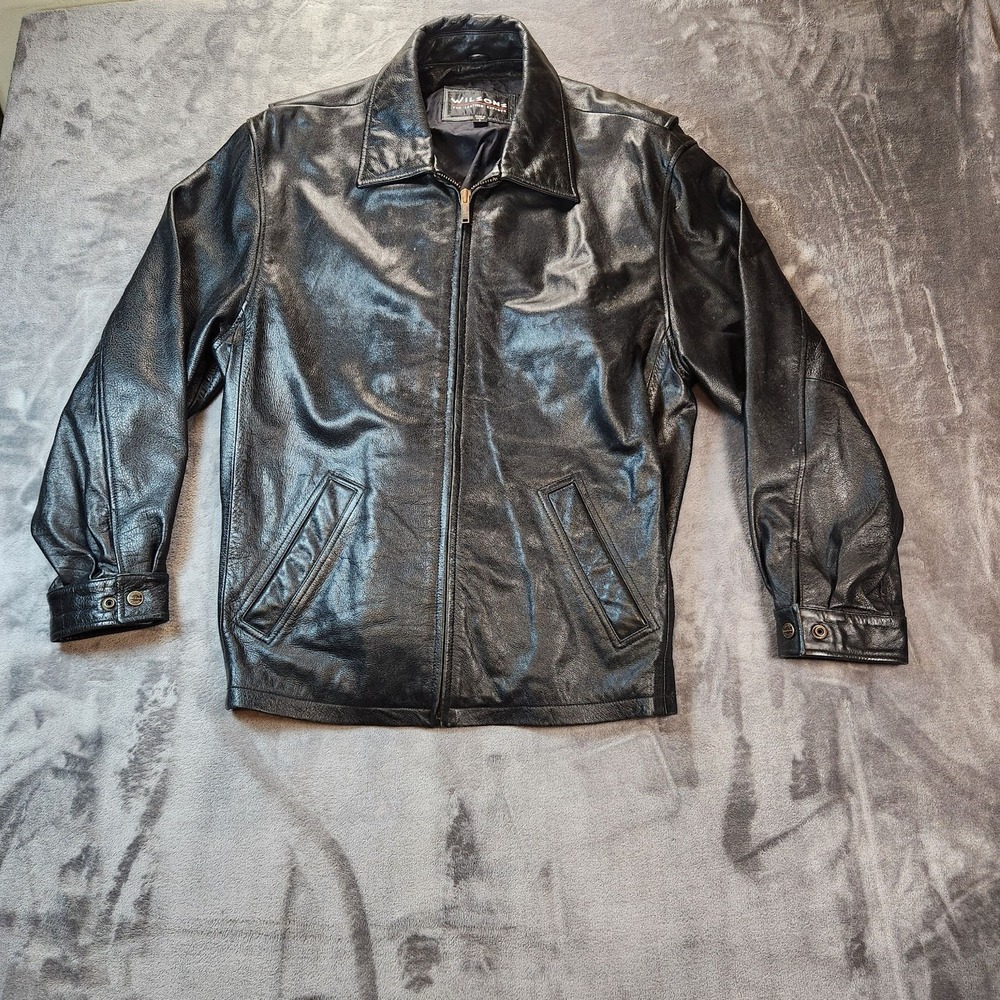 Wilsons Leather Jacket Mens Large Black Bomber Cafe Racer 90s Y2K Vintage